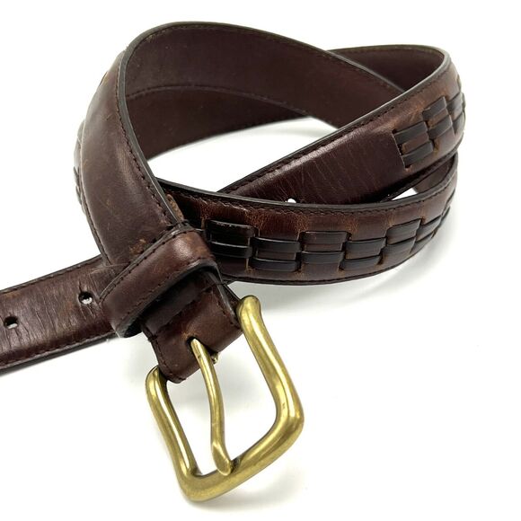 Woven Brown Leather Belt 34 Solid Brass Buckle Vintage Boho Western Streetwear - Picture 10 of 11